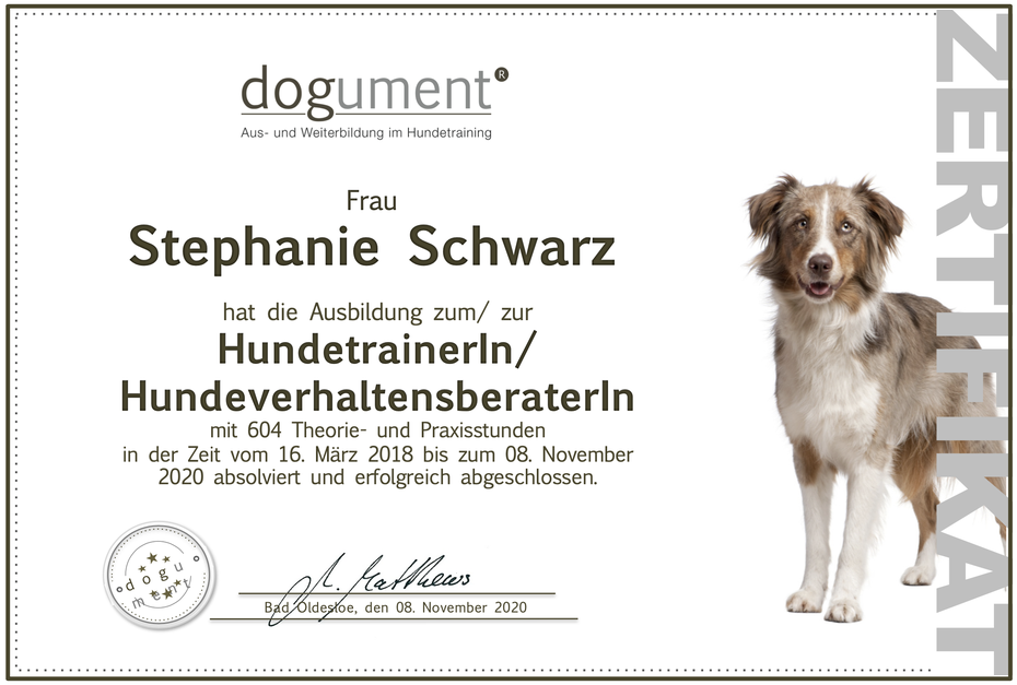 dogument, Zertifikat Hundetrainerin Stephanie Schwarz